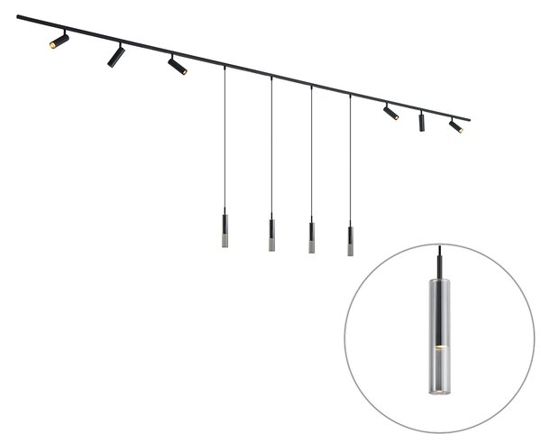 Sistema di illuminazione a binario moderno nero con 6 faretti e 4 luci a sospensione monofase - Slimline Uzzy Loyce