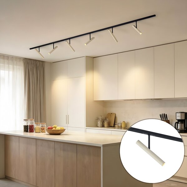 Sistema di illuminazione a binario moderno nero con 6 faretti beige monofase - Slimline Avery