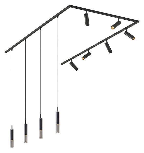 Sistema di illuminazione a binario moderno nero con 6 faretti e 4 luci a sospensione monofase - Slimline Uzzy Loyce