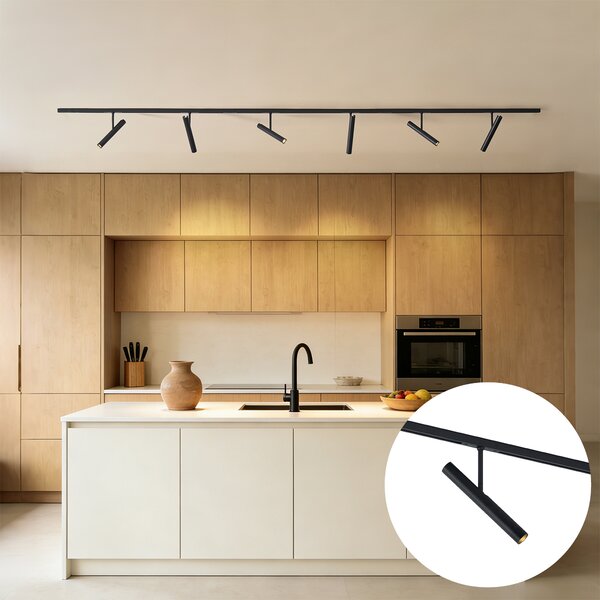 Sistema di illuminazione a binario moderno nero con 6 faretti neri monofase - Slimline Avery