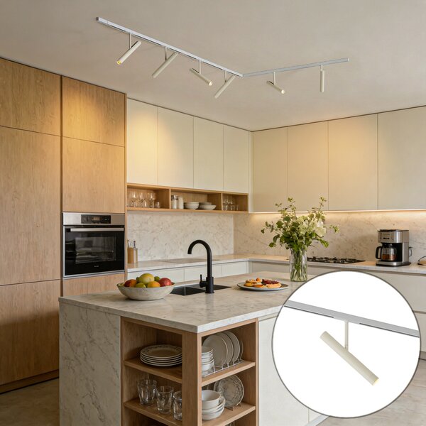 Sistema di illuminazione a binario moderno bianco con 6 faretti beige monofase - Slimline Avery