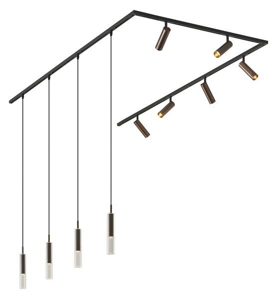 Sistema di illuminazione a binario moderno nero con 6 faretti e 4 luci a sospensione bronzo scuro 1 fase - Slimline Uzzy Loyce
