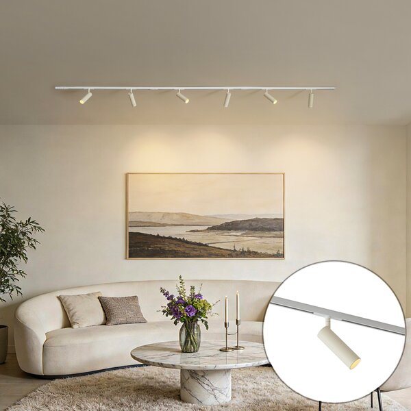 Sistema di illuminazione a binario moderno bianco con 6 faretti beige monofase - Slimline Uzzy