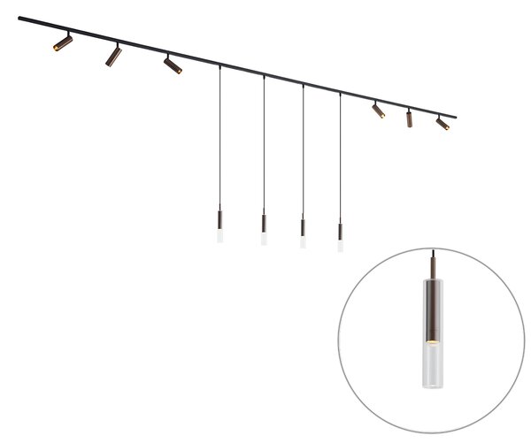 Sistema di illuminazione a binario moderno nero con 6 faretti e 4 luci a sospensione bronzo scuro 1 fase - Slimline Uzzy Loyce