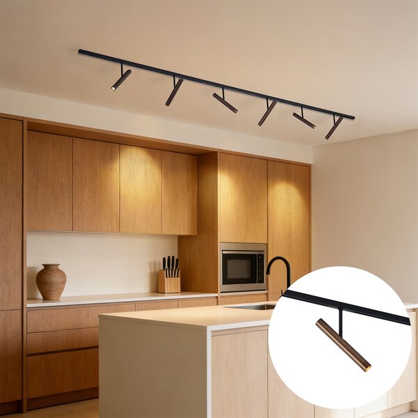 Sistema di illuminazione a binario moderno nero con 6 faretti bronzo scuro monofase - Slimline Avery