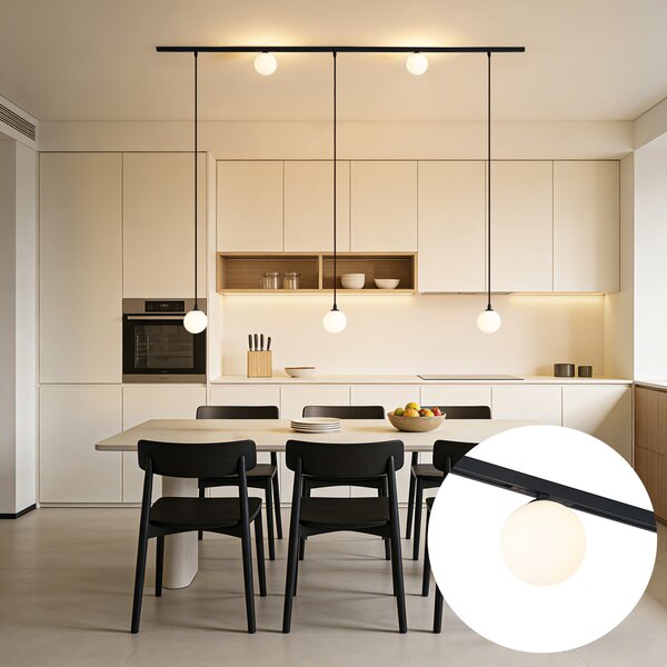 Sistema di illuminazione a binario moderno nero con 2 faretti e 3 luci a sospensione monofase - Slimline Eira
