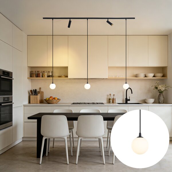 Sistema di illuminazione a binario moderno nero con 2 faretti e 3 luci a sospensione monofase - Slimline Uzzy Eira