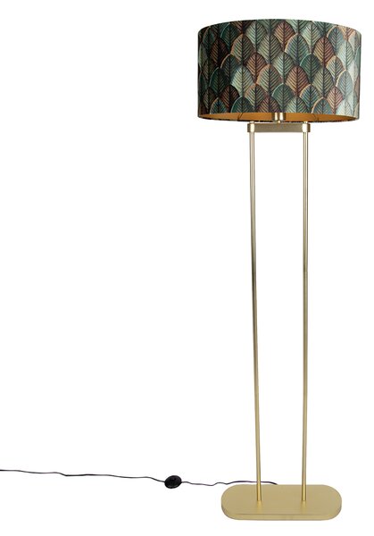 Lampada da terra in ottone con paralume ovale con motivo a foglie e interno dorato 50 cm - Thijmen