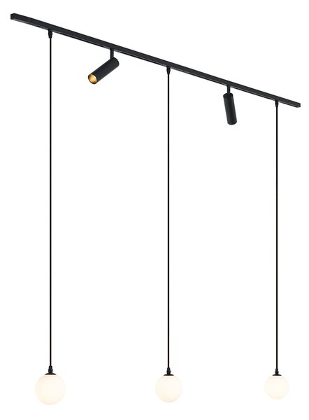 Sistema di illuminazione a binario moderno nero con 2 faretti e 3 luci a sospensione monofase - Slimline Uzzy Eira