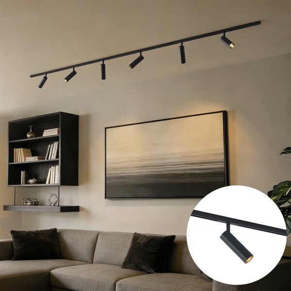 Sistema di illuminazione a binario moderno con 6 faretti neri monofase - Slimline Uzzy