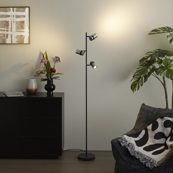 Lampada da terra moderna nera con vetro fumé 3 luci ruotabile e inclinabile - Gianni