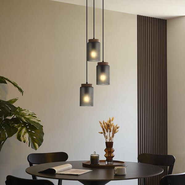Lampada a sospensione moderna nera con legno e vetro grigio opaco a 3 luci - Umbra