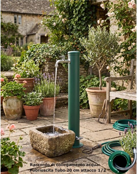 Fontana da Giardino con Due Rubinetti Dimensioni 16x30x85 cm - peso 7,5kg con tubo rubinetto, Garantita contro la ruggine Colore Verde