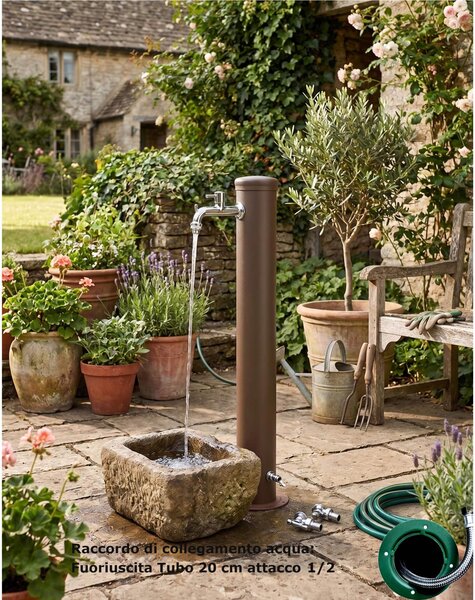 Fontana da Giardino con Due Rubinetti Dimensioni 16x30x85 cm - peso 7,5kg con tubo rubinetto, Garantita contro la ruggine Colore Ruggine