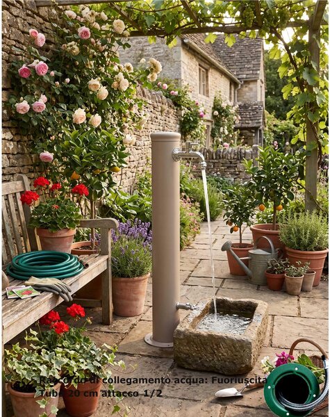Fontana da Giardino con Due Rubinetti Dimensioni 16x30x85 cm - peso 7,5kg con tubo rubinetto, Garantita contro la ruggine Colore Tortora