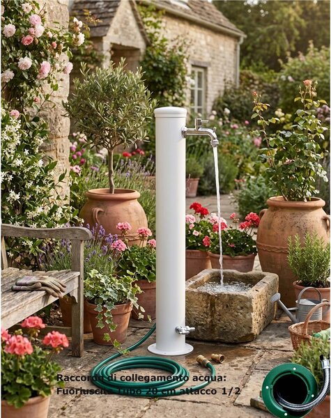 Fontana da Giardino con Due Rubinetti Dimensioni 16x30x85 cm - peso 7,5kg con tubo rubinetto, Garantita contro la ruggine Colore bianco