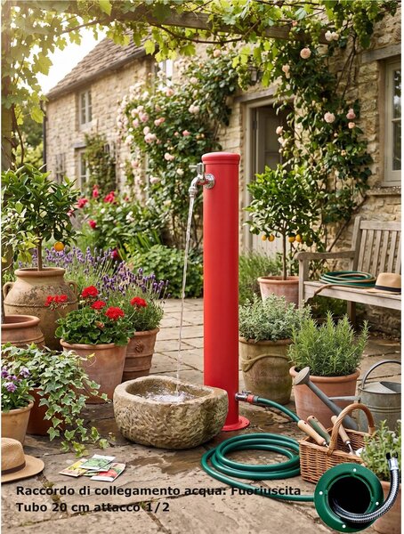 Fontana da Giardino con Due Rubinetti Dimensioni 16x30x85 cm - peso 7,5kg con tubo rubinetto, Garantita contro la ruggine Colore Rosso