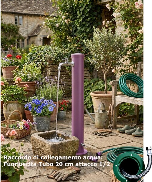 Fontana da Giardino con Due Rubinetti Dimensioni 16x30x85 cm - peso 7,5kg con tubo rubinetto, Garantita contro la ruggine Colore VIOLA