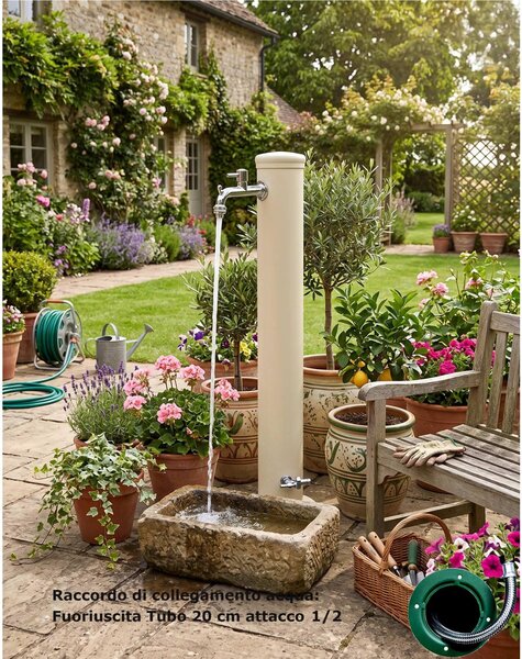Fontana da Giardino con Due Rubinetti Dimensioni 16x30x85 cm - peso 7,5kg con tubo rubinetto, Garantita contro la ruggine Colore Avorio