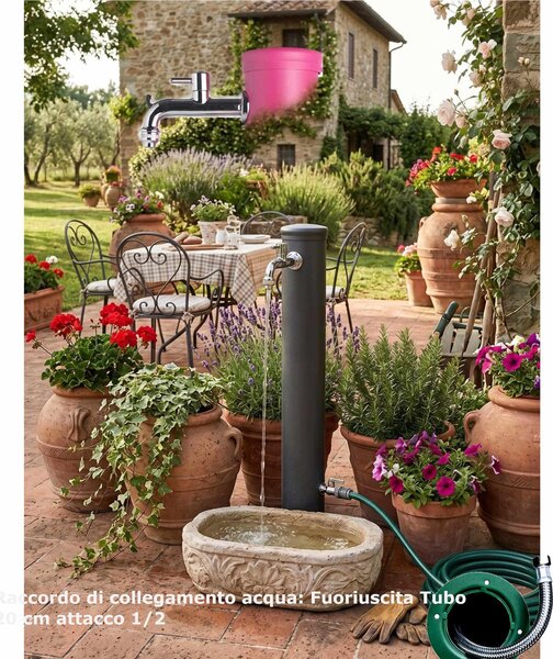 Fontana da Giardino con Due Rubinetti Dimensioni 16x30x85 cm - peso 7,5kg con tubo rubinetto, Garantita contro la ruggine Colore Antracite