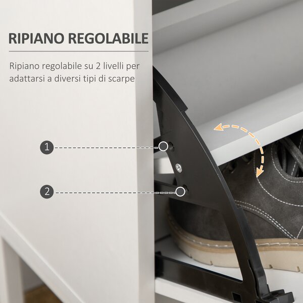 HOMCOM Mobile Scarpiera Moderno per 12 Paia di Scarpe con 2 Ante a Ribalta e Cassetto, in Truciolato, MDF e Metallo, 76x26x110 cm, Bianco|Aosom