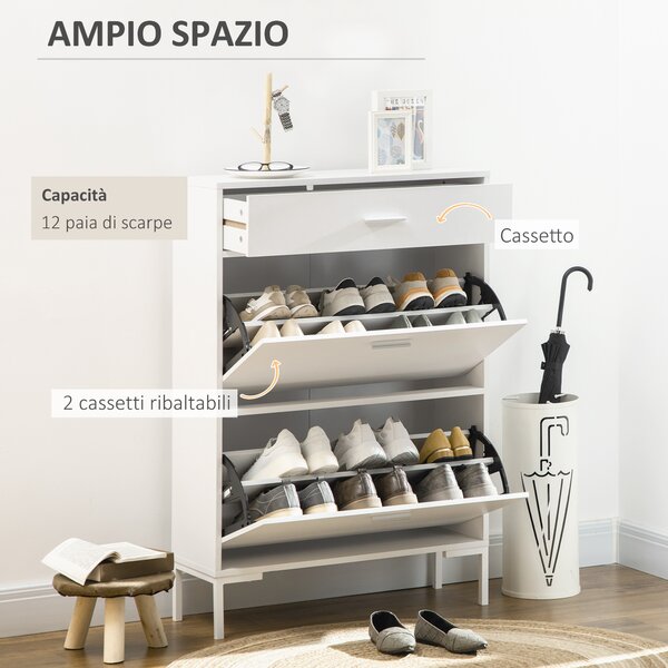 HOMCOM Mobile Scarpiera Moderno per 12 Paia di Scarpe con 2 Ante a Ribalta e Cassetto, in Truciolato, MDF e Metallo, 76x26x110 cm, Bianco|Aosom