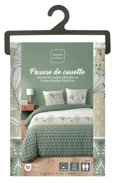 Set copripiumino e federa bianco/verde in cotone per letto matrimoniale ed esteso 240x220 cm Poetine – douceur d'intérieur