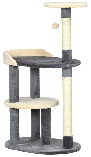 Albero Tiragraffi per Gatti a 3 Livelli H105 cm con Pali in Sisal Grigio