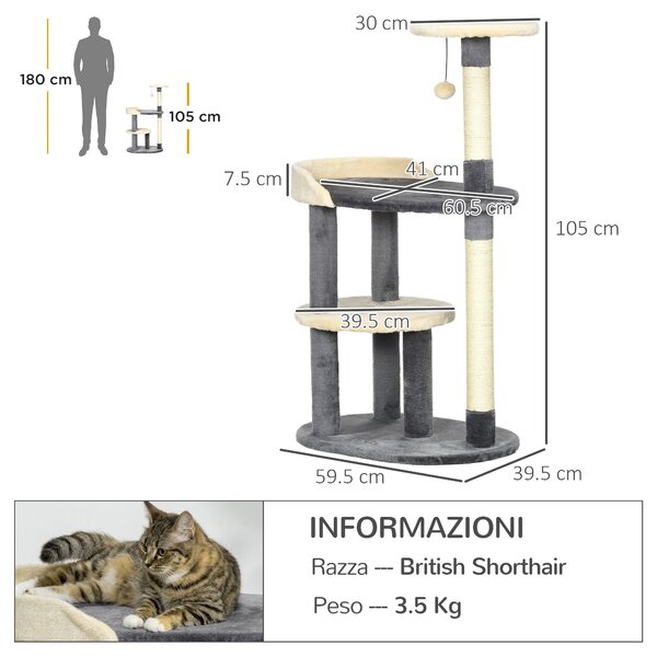 Albero Tiragraffi per Gatti a 3 Livelli H105 cm con Pali in Sisal Grigio