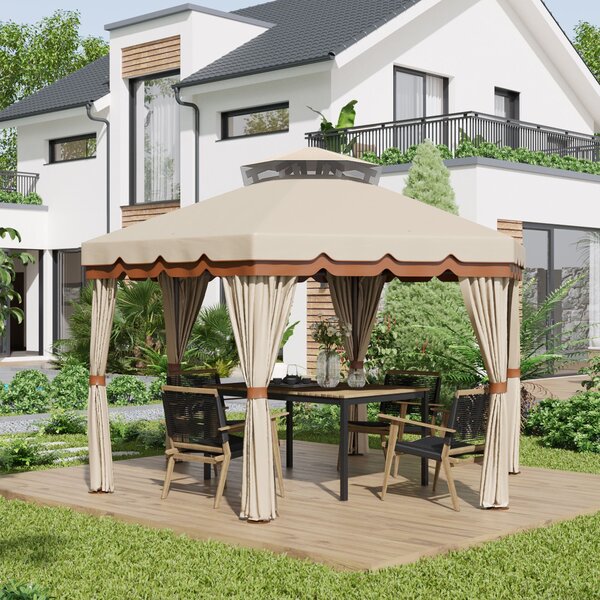 Gazebo da Giardino 4x4m con Tende in Acciaio e Poliestere Marrone