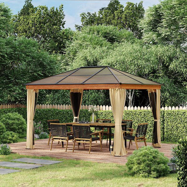 Gazebo da Giardino 2,94x3,60x2,67m con Tetto in Policarbonato e Zanzariere in Acciaio Cachi