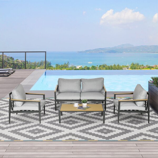 Set da Giardino Divano 2 Poltrone e Tavolino in Alluminio Grigio Chiaro