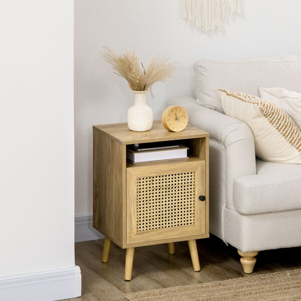Comodino per Camera da Letto Stile Boho 39x35x60 cm con Armadietto e Ripiano Aperto in Legno e Rattan