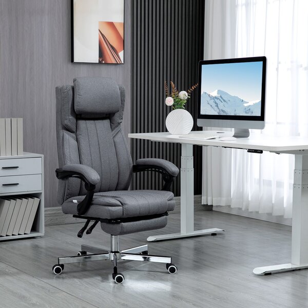 Sedia da Ufficio Presidenziale 65x61x105-113 cm con Poggiapiedi in Tessuto Traspirante Effetto Lino Grigio