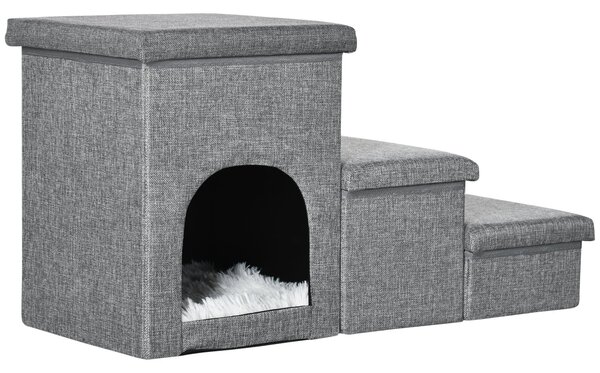 Scaletta per Cani e Gatti 3 Gradini 73,5x33x40,5 cm con Cuccia Grigia