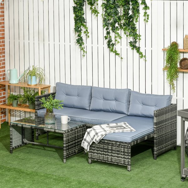 Set da Giardino Divano Angolare Chaise Longue e Tavolino in Rattan PE Grigio