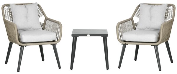 Set Tavolino e 2 Sedie da Giardino in Rattan PE e Acciaio Grigio