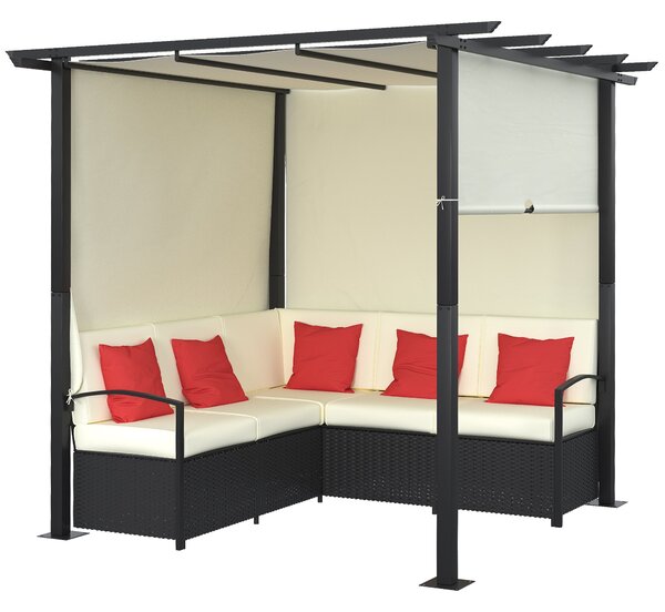 Set Salotto da Giardino Divano Angolare con Pergola Gazebo in Rattan Nero e Beige