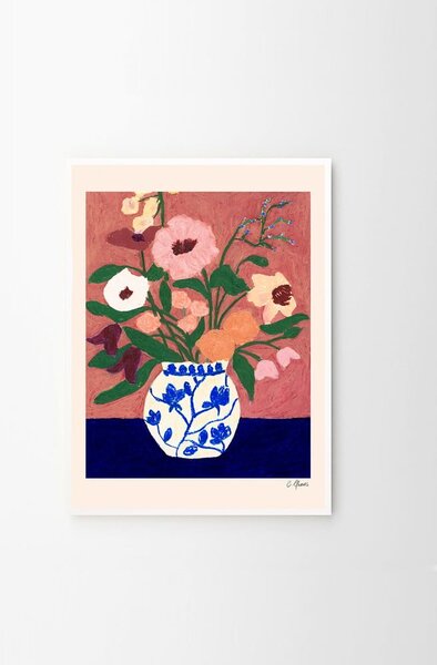 Poster 30x40 cm Flowers on Blue Table – Carla Llanos – The Poster Club