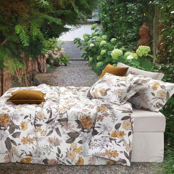Completo Lenzuola In Raso Di Cotone Winter Garden Matrimoniale - 250X290 175X205 + 2 Federe 50X80 Mirabello Floreale Tortora Caleffi