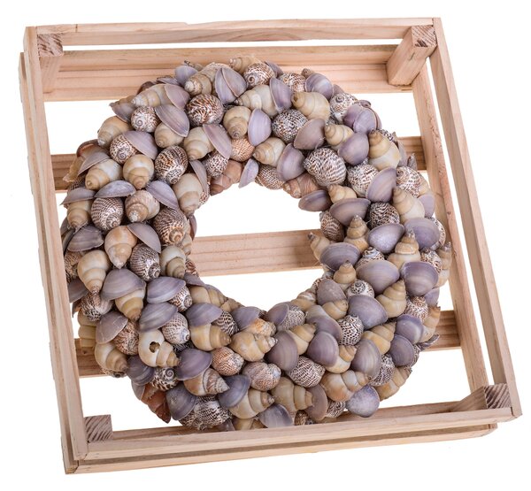 Corona di Conchiglie in Cassetta di Legno Larghezza 25 cm