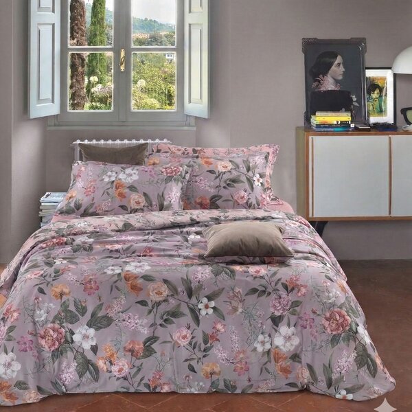 Completo Lenzuola In Raso Di Cotone Winter Garden Matrimoniale - 250X290 175X205 + 2 Federe 50X80 Mirabello Floreale Rosa Caleffi
