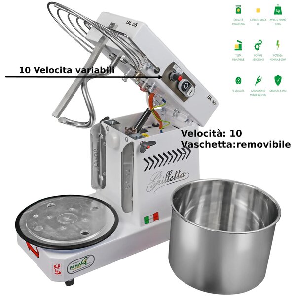 Impastatrice Grilletta IM 5S-230 10 Velocit� - Dimensioni 25x49x h 39 cm Capacit� impasto 5 kg Impastatrice a spirale con testa SOLLEVABILE Cestello removibile inserimento facile impasto
