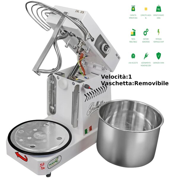 Impastatrice Grilletta IM 5S-230 1 Velocit� - Dimensioni 25x49x h 39 cm Capacit� impasto 5 kg Impastatrice a spirale con testa SOLLEVABILE Cestello removibile inserimento facile impasto