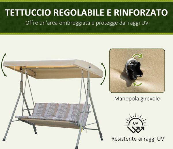 Outsunny Dondolo da Esterno 3 Posti in Acciaio con Tetto Regolabile, Cuscini e Braccioli, Dondolo Giardino in Tessuto Antiraggi UV,Beige | Aosom Italy