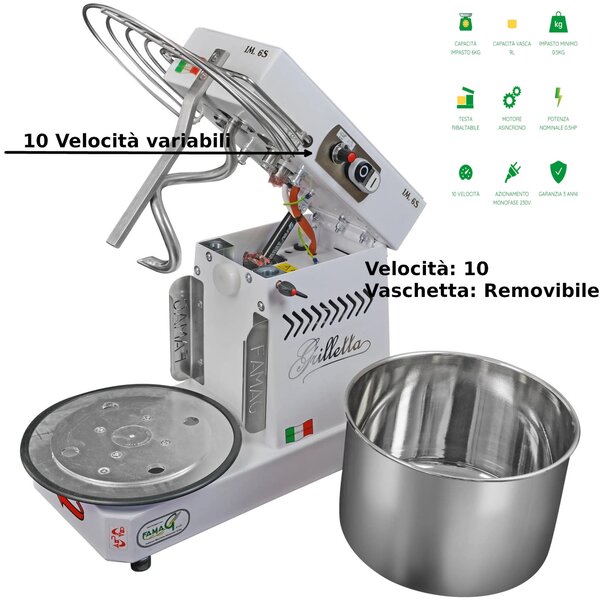 Famag Grilletta IM 6S-230 10 Velocit� - Dimensioni 27,5x50x h 39 cm Capacit� impasto 6 kg Impastatrice a spirale con testa SOLLEVABILE Cestello removibile inserimento facile impasto