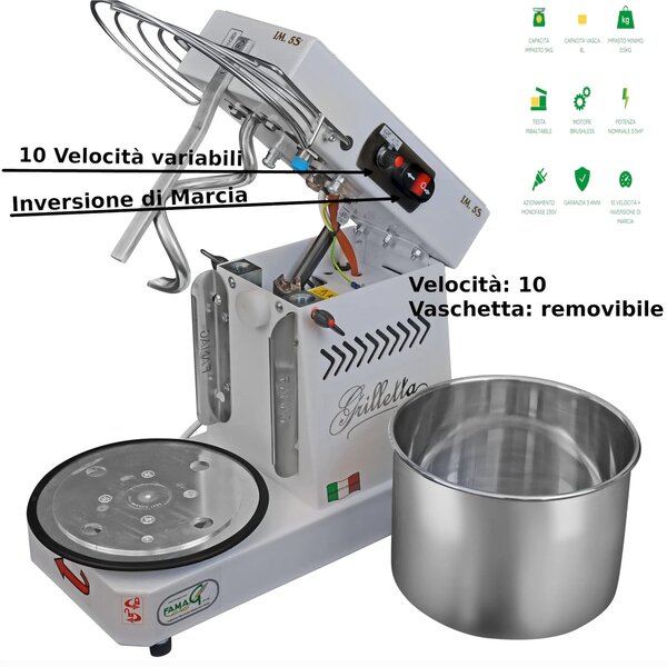 Impastatrice Grilletta IM 5S-230 10 HH Alte Idratazioni Velocit� 10- Dimensioni 25x49x h 39 cm Capacit� impasto 5 kg con testa SOLLEVABILE Cestello removibile inserimento facile impasto