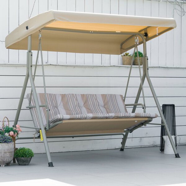 Outsunny Dondolo da Esterno 3 Posti in Acciaio con Tetto Regolabile, Cuscini e Braccioli, Dondolo Giardino in Tessuto Antiraggi UV,Beige | Aosom Italy