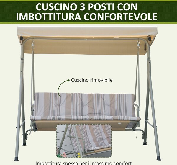Outsunny Dondolo da Esterno 3 Posti in Acciaio con Tetto Regolabile, Cuscini e Braccioli, Dondolo Giardino in Tessuto Antiraggi UV,Beige | Aosom Italy