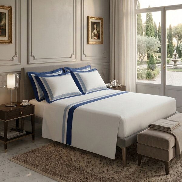 Completo Lenzuola In Raso Di Cotone Two-tone Matrimoniale - 250X290 175X205 + 2 Federe 50X80 Mirabello Brera Tinta Unita Blu Caleffi